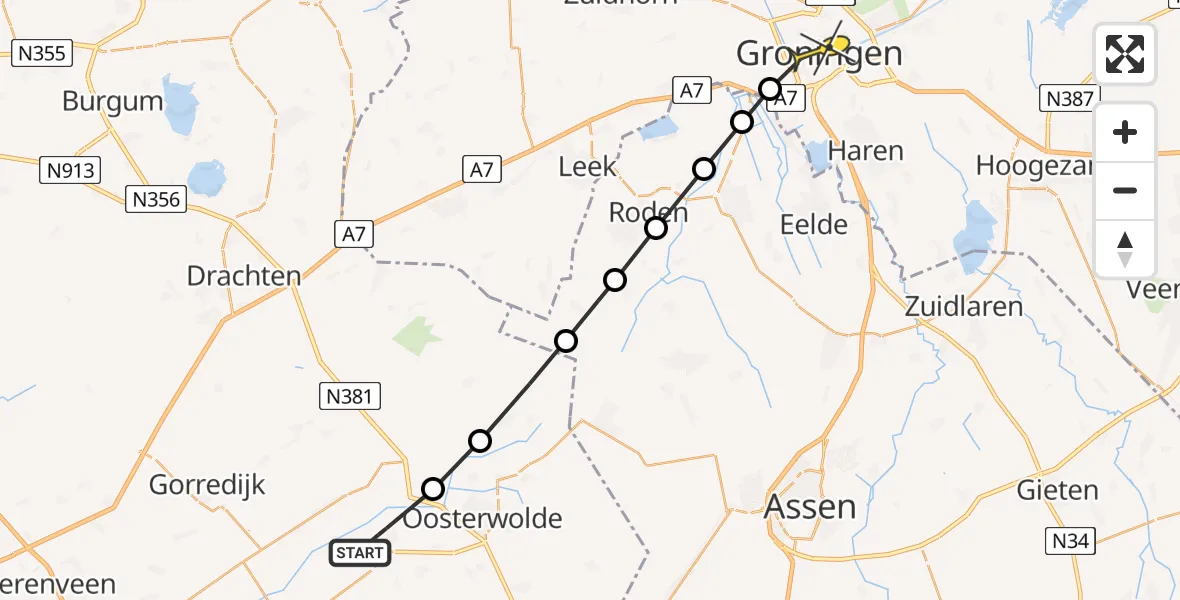 Routekaart van de vlucht: Lifeliner 4 naar Universitair Medisch Centrum Groningen, Meulebosweg