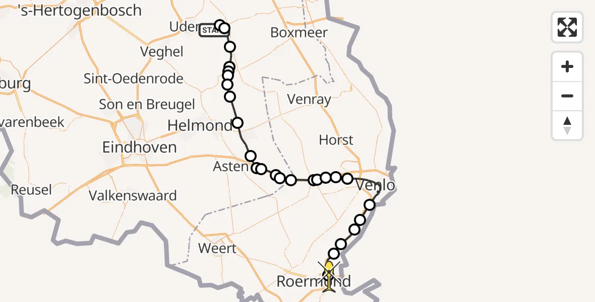 Routekaart van de vlucht: Politieheli naar Roermond, Zeelandsedijk