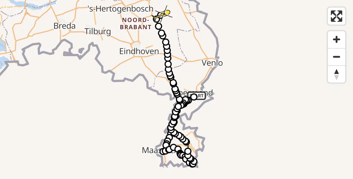 Routekaart van de vlucht: Politiehelikopter naar Vliegbasis Volkel, Roerdal