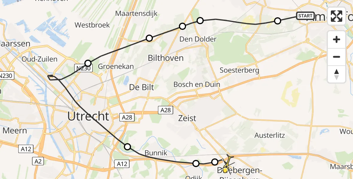 Routekaart van de vlucht: Politiehelikopter naar Driebergen-Rijsenburg, Korte Duinen