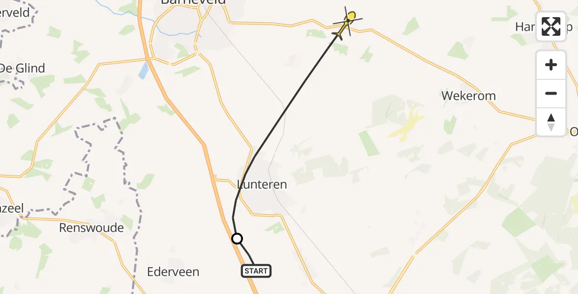 Routekaart van de vlucht: Politieheli naar Lunteren, Heuvelseweg