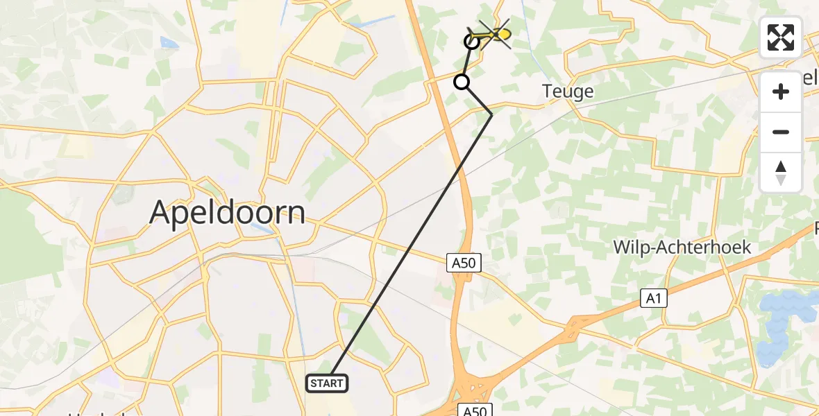 Routekaart van de vlucht: Politiehelikopter naar Vliegveld Teuge, Wikkeweg