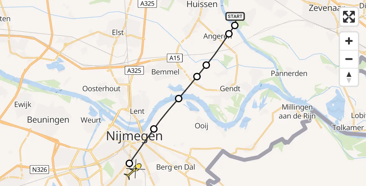 Routekaart van de vlucht: Lifeliner 3 naar Radboud Universitair Medisch Centrum, Angersche Strang