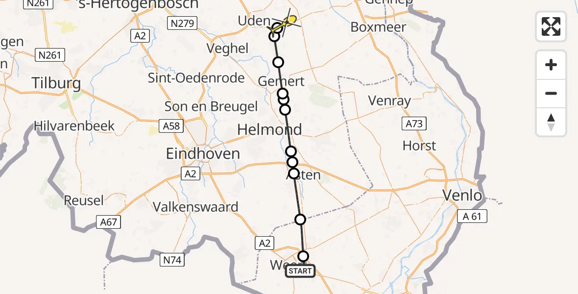 Routekaart van de vlucht: Lifeliner 3 naar Vliegbasis Volkel, Roeventerweg