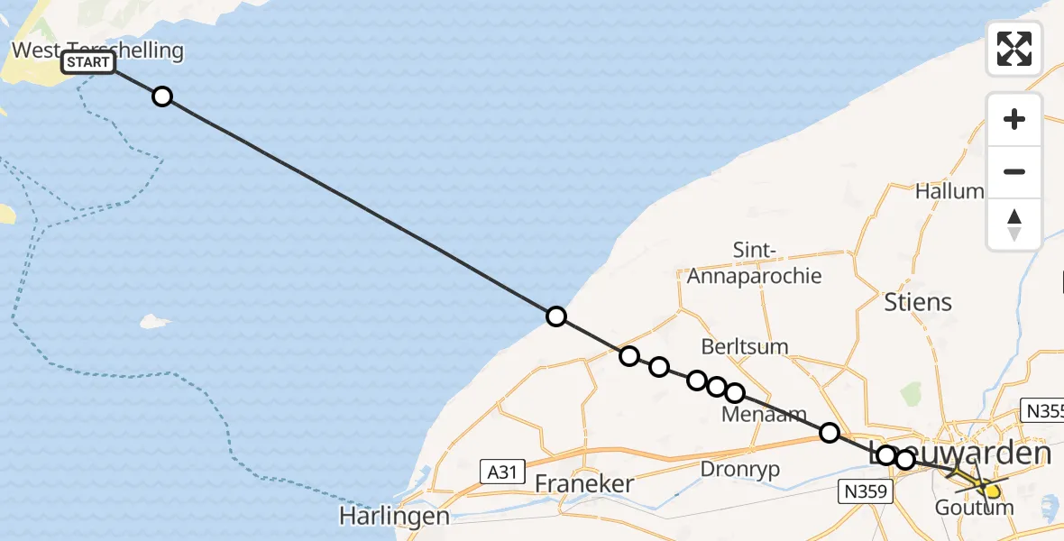 Routekaart van de vlucht: Ambulanceheli naar Leeuwarden, De Vleugel