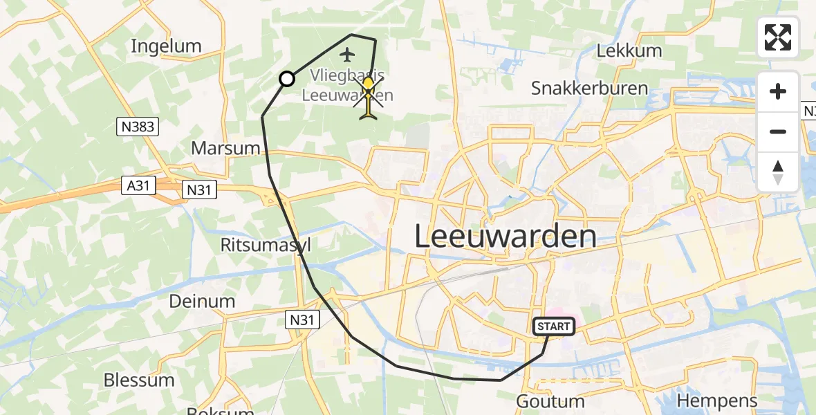 Routekaart van de vlucht: Ambulanceheli naar Vliegbasis Leeuwarden, Redbadwei