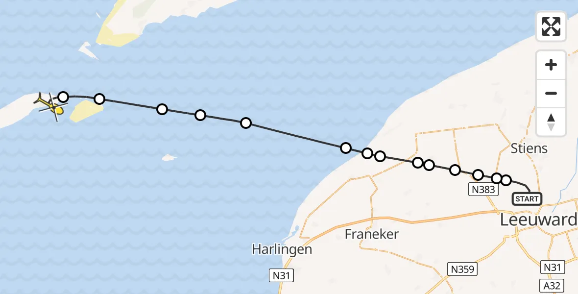 Routekaart van de vlucht: Ambulancehelikopter naar Vlieland Heliport, Keegsdijkje