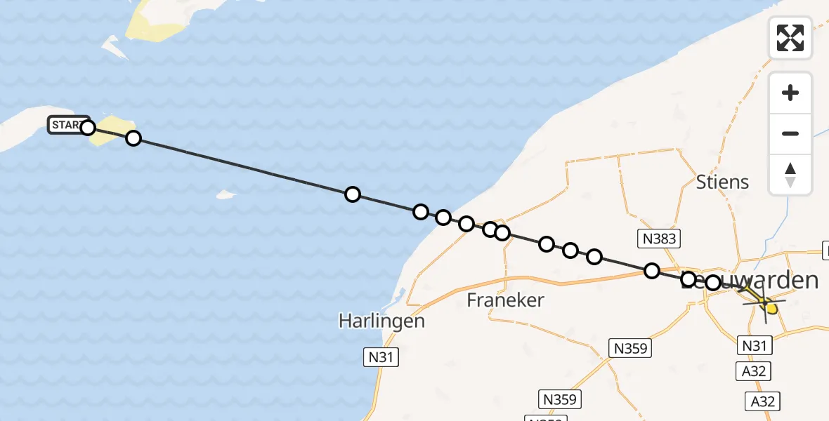 Routekaart van de vlucht: Ambulanceheli naar Leeuwarden, Vliesloot