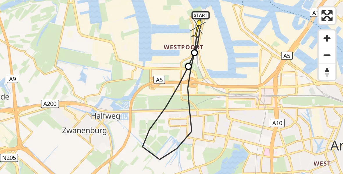 Routekaart van de vlucht: Lifeliner 1 naar Amsterdam Heliport, Hornweg