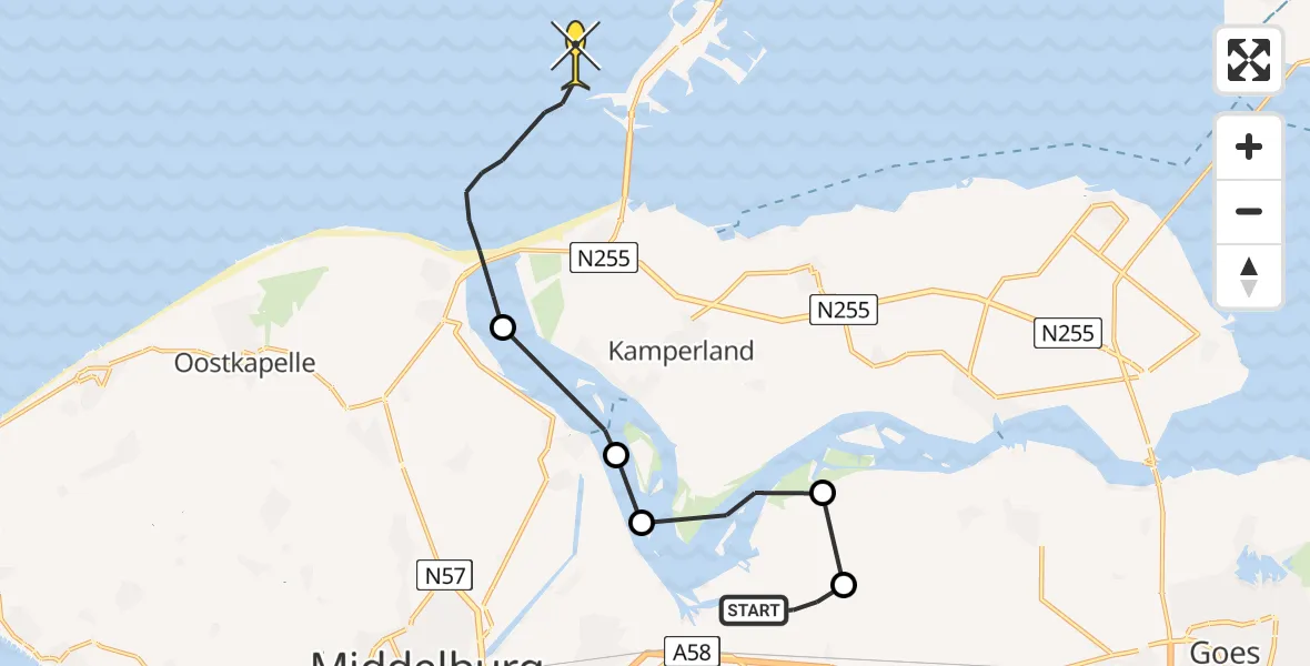 Routekaart van de vlucht: Kustwachthelikopter naar Vrouwenpolder, Meerkoetweg