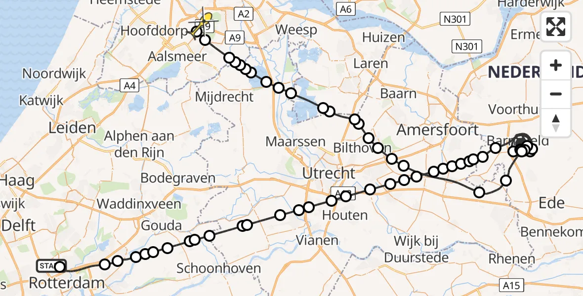 Routekaart van de vlucht: Politieheli naar Schiphol, Gilze-Rijenstraat