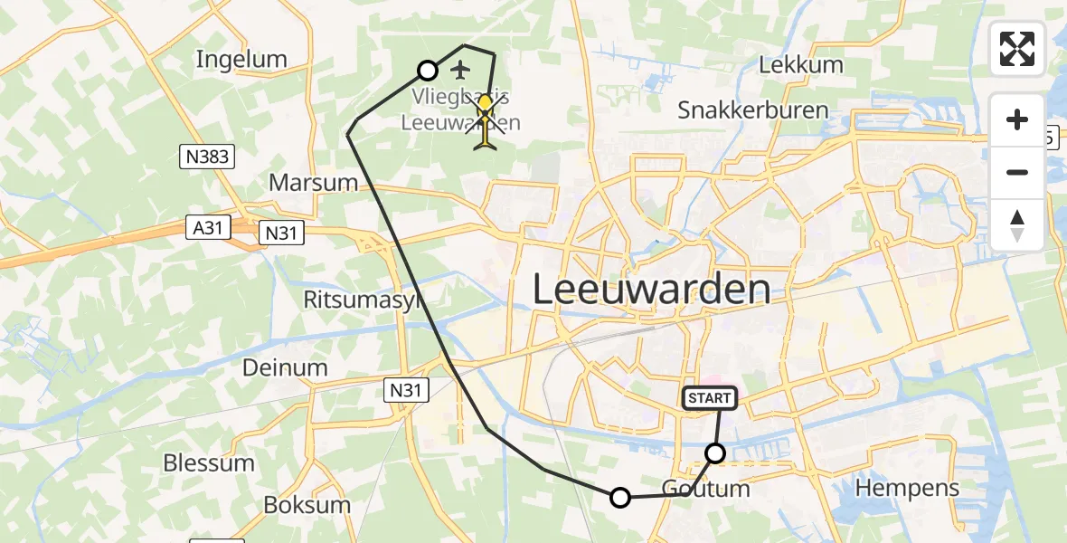 Routekaart van de vlucht: Ambulanceheli naar Vliegbasis Leeuwarden, Goutumerdyk