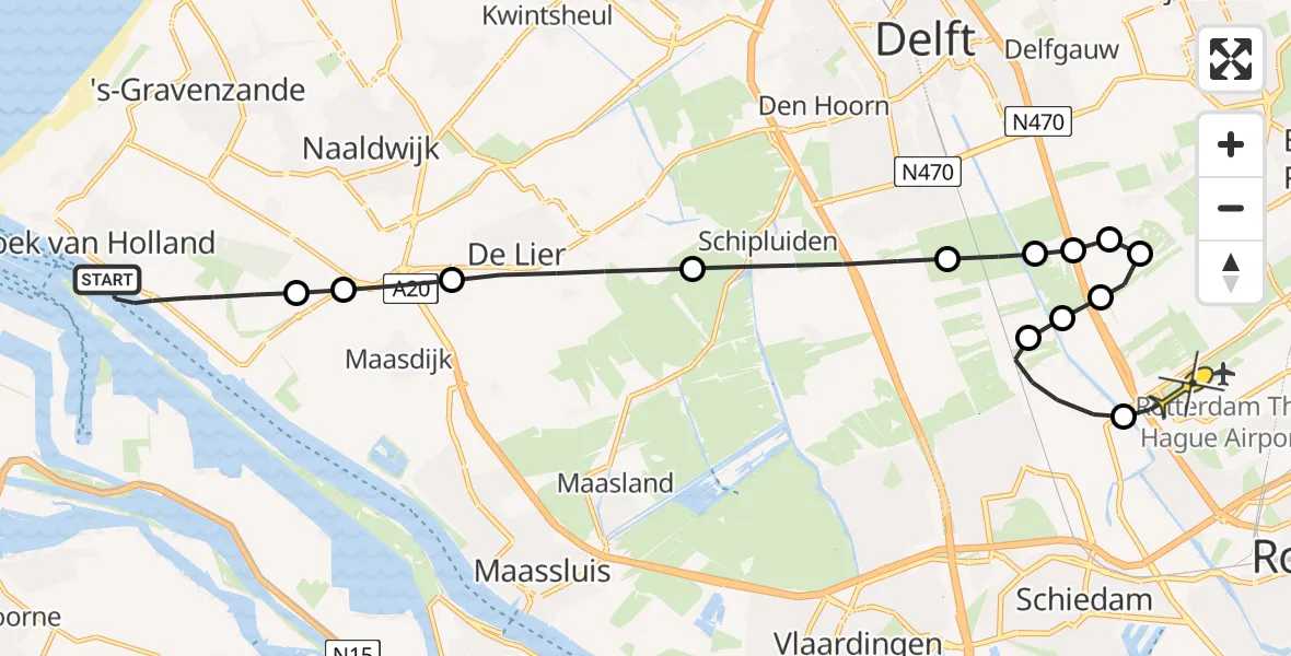 Routekaart van de vlucht: Kustwachthelikopter naar Rotterdam The Hague Airport, Hoeksebaan