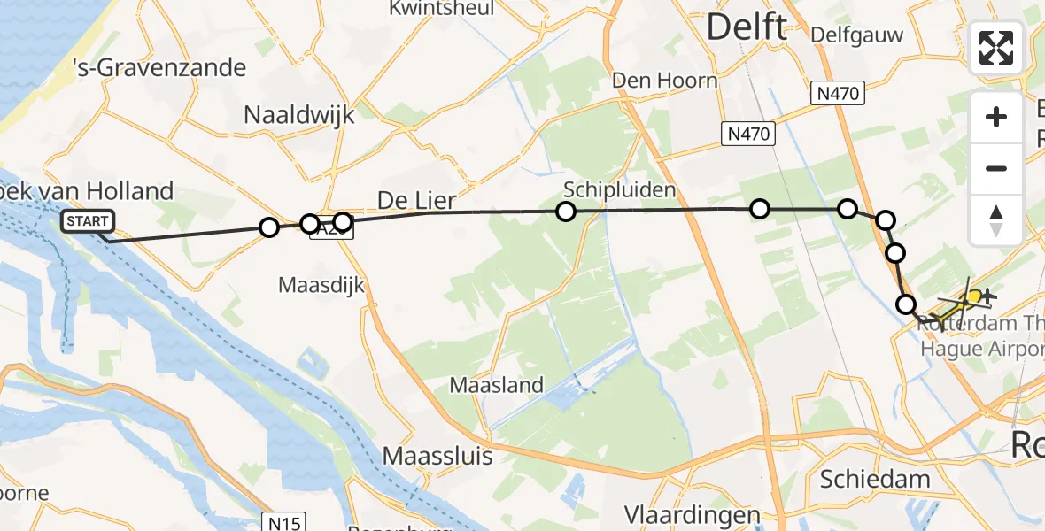 Routekaart van de vlucht: Kustwachthelikopter naar Rotterdam The Hague Airport, Hoeksebaan