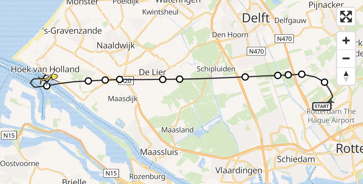 Routekaart van de vlucht: Kustwachthelikopter naar Hoek van Holland, Arlandabaan Platformzijde