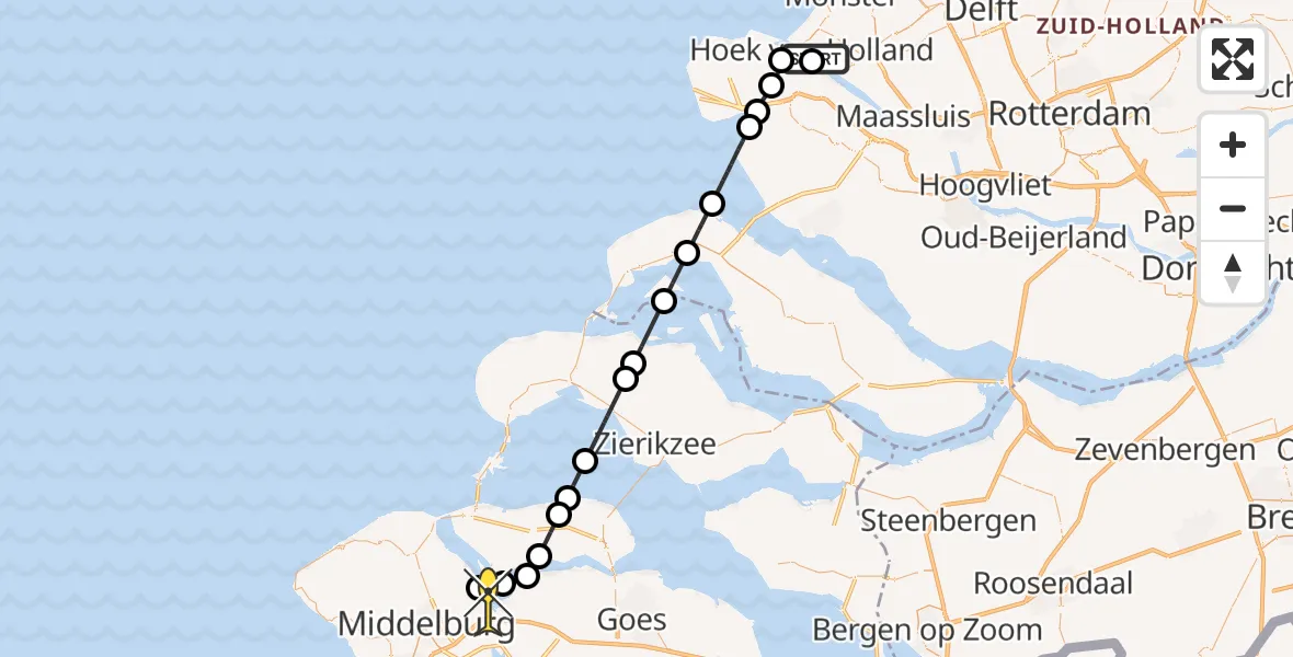 Routekaart van de vlucht: Kustwachthelikopter naar Arnemuiden, Hoeksebaan