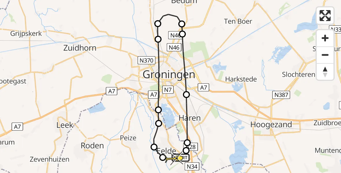 Routekaart van de vlucht: Lifeliner 4 naar Groningen Airport Eelde, Oosterbroek