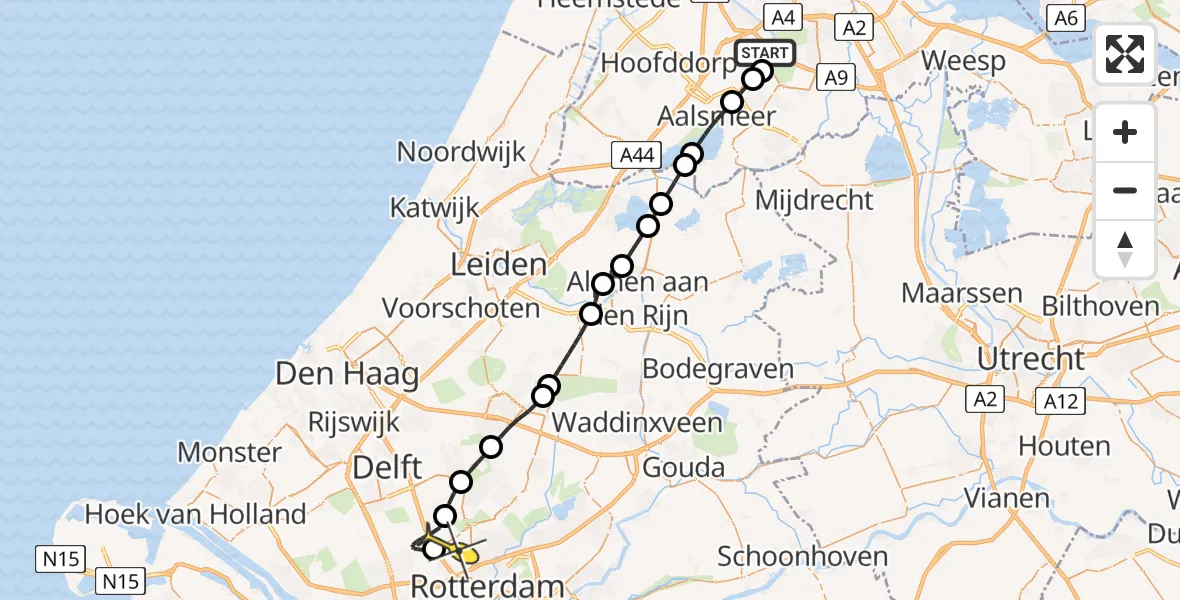 Vluchtroute Politiehelikopter van Schiphol naar Rotterdam The Hague Airport