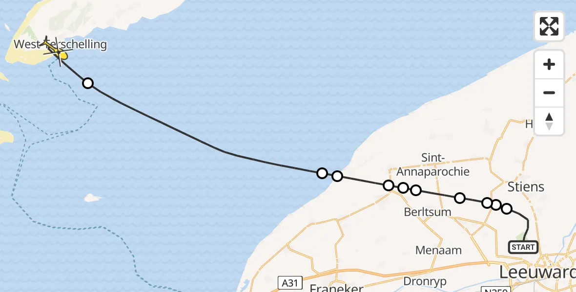 Routekaart van de vlucht: Ambulanceheli naar West-Terschelling, Piter Rindertsreedsje
