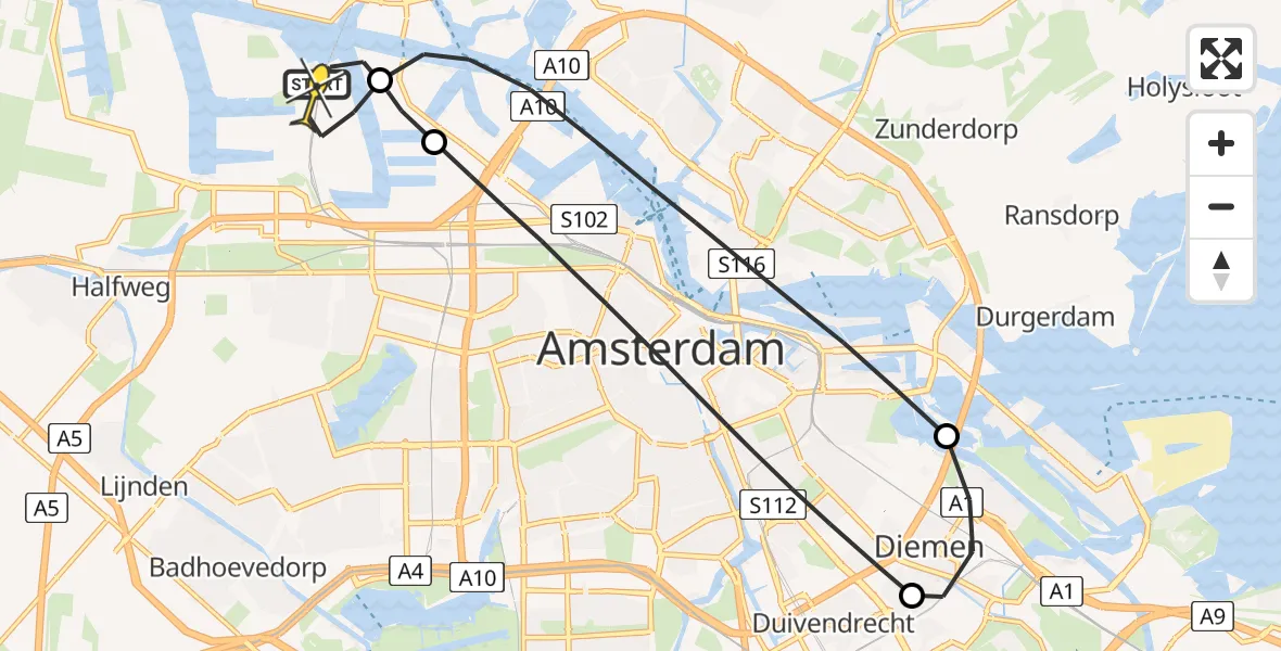Routekaart van de vlucht: Lifeliner 1 naar Amsterdam Heliport, Kajuitpad