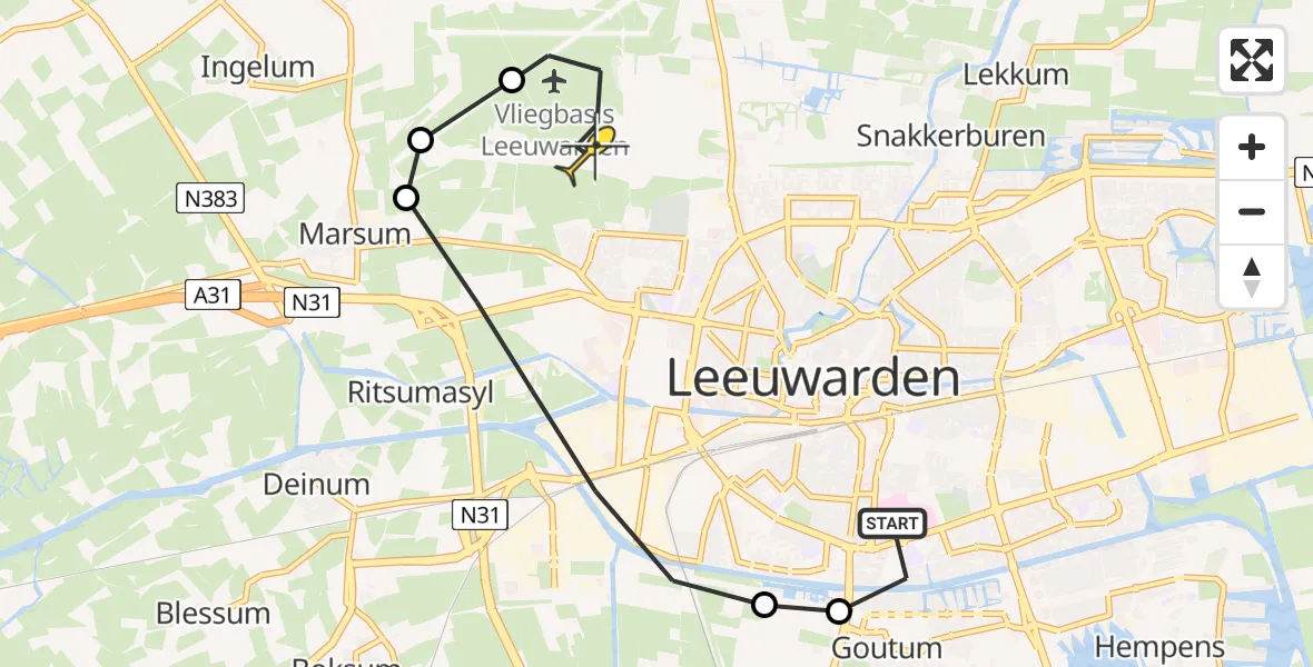Routekaart van de vlucht: Ambulanceheli naar Vliegbasis Leeuwarden, Boksumerdyk