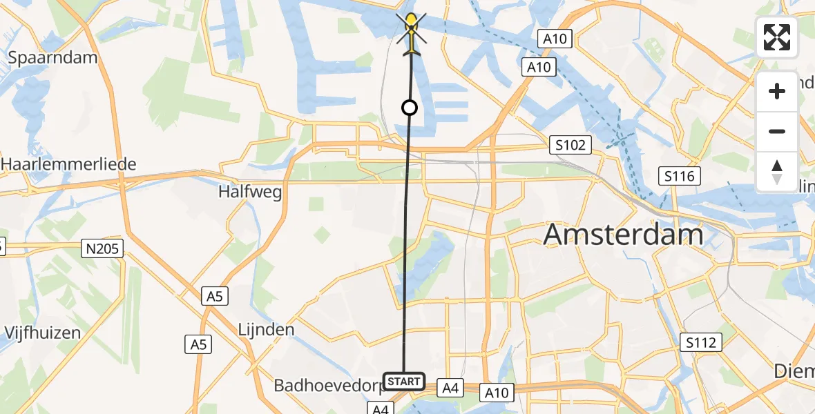 Vluchtroute Politiehelikopter van Amsterdam naar Amsterdam Heliport