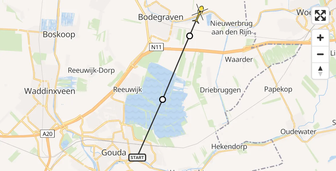 Routekaart van de vlucht: Politiehelikopter naar Bodegraven, Zoetendijk