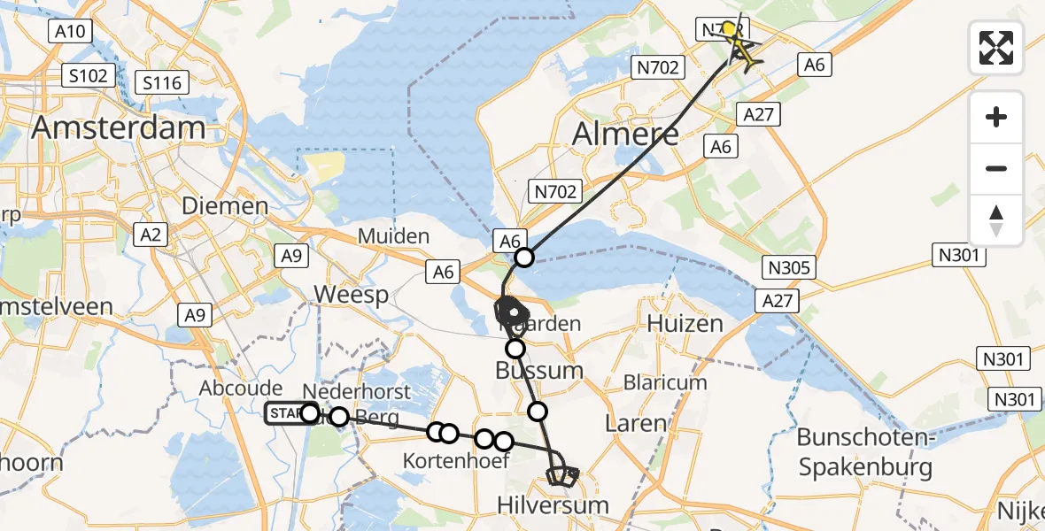 Routekaart van de vlucht: Politiehelikopter naar Almere, Vreelandseweg