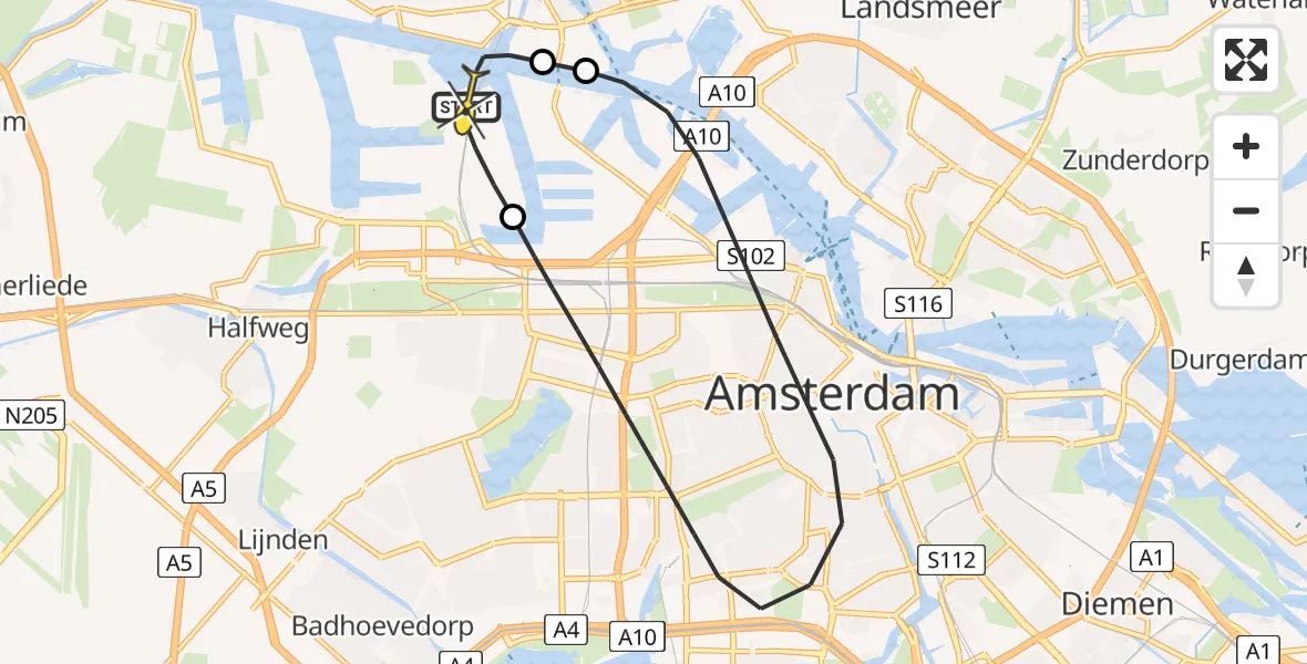 Routekaart van de vlucht: Lifeliner 1 naar Amsterdam Heliport, Corsicaweg