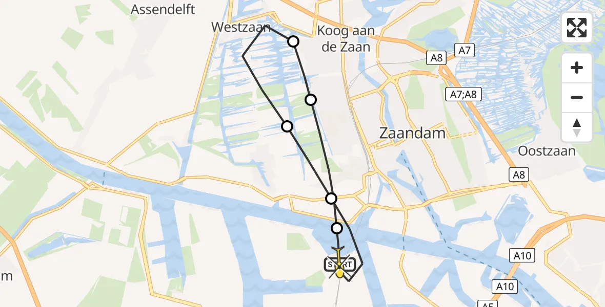 Routekaart van de vlucht: Lifeliner 1 naar Amsterdam Heliport, Elbaweg