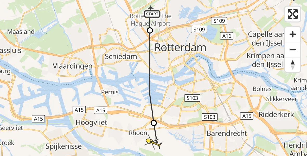 Routekaart van de vlucht: Lifeliner 2 naar Rhoon, Weerlanerstraat