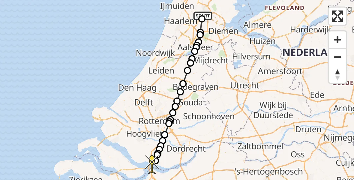 Routekaart van de vlucht: Lifeliner 1 naar Numansdorp, Nieuw-Zeelandweg