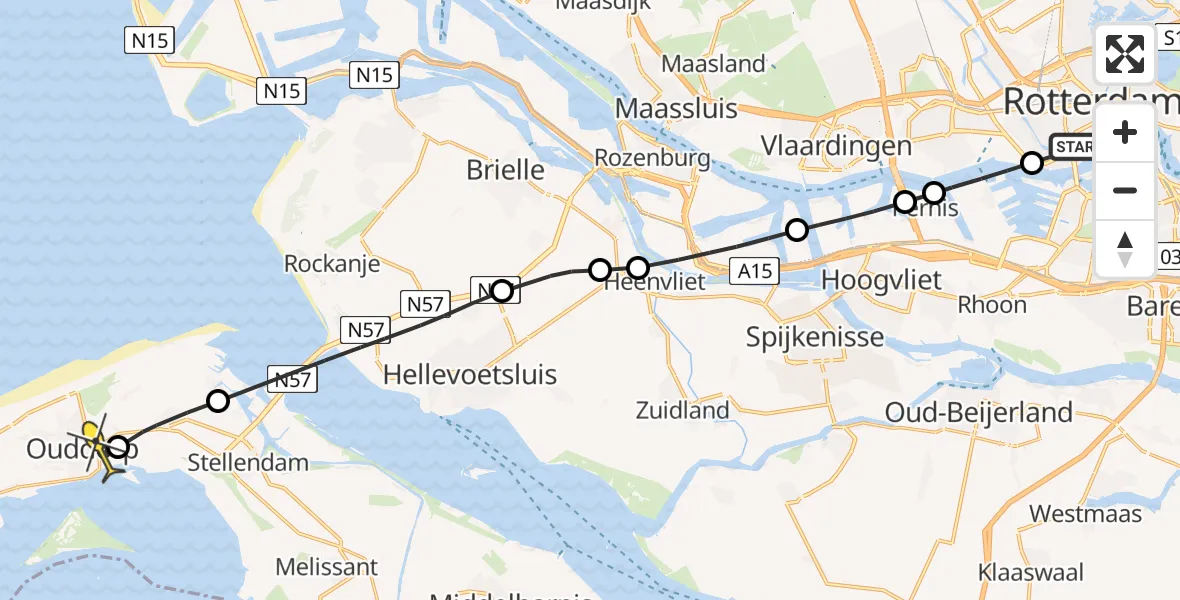 Routekaart van de vlucht: Lifeliner 2 naar Ouddorp, 1e IJzerstraat