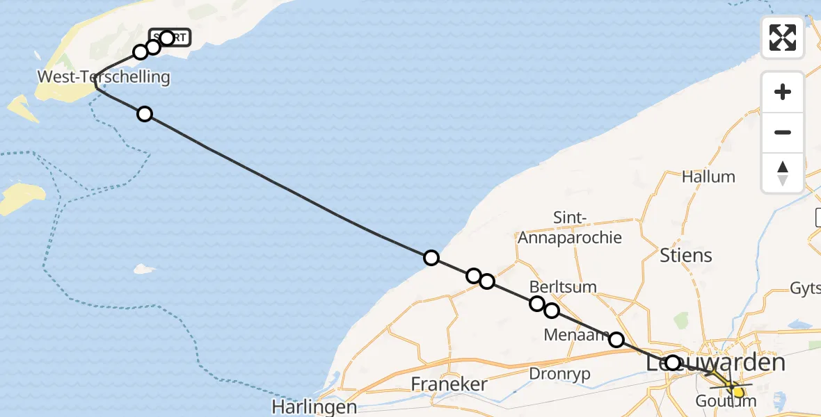 Routekaart van de vlucht: Ambulancehelikopter naar Leeuwarden, Horp