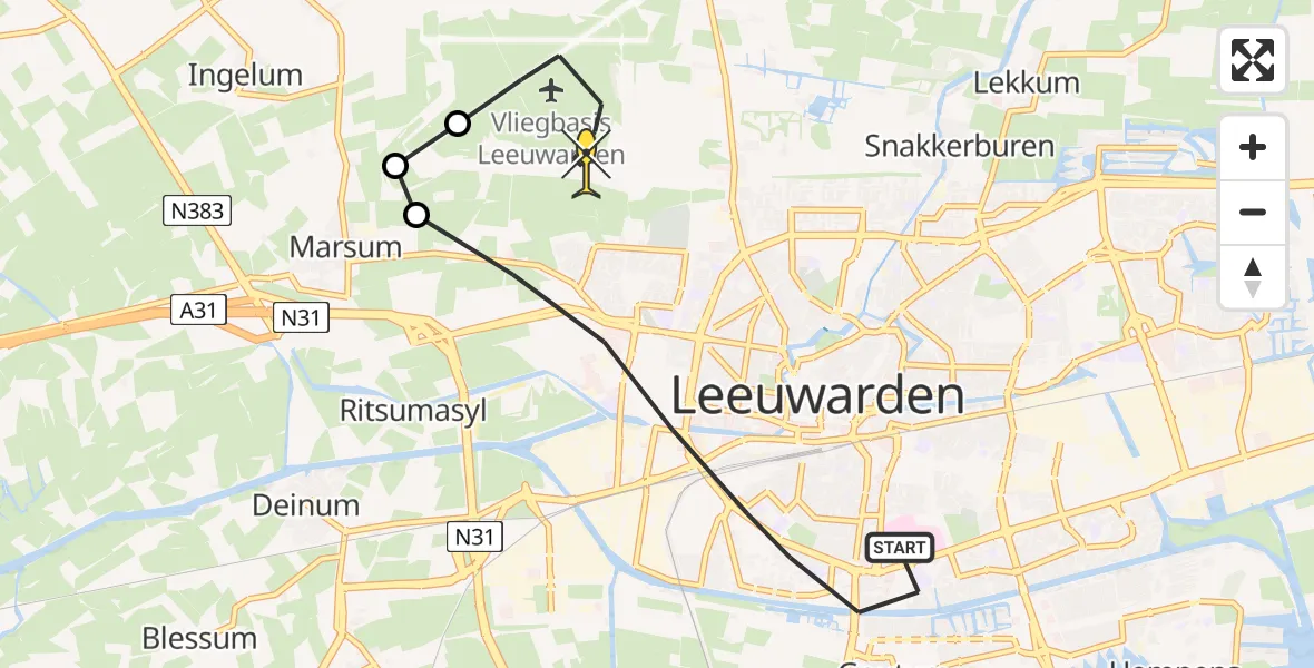 Routekaart van de vlucht: Ambulanceheli naar Vliegbasis Leeuwarden, Aldlânsdyk