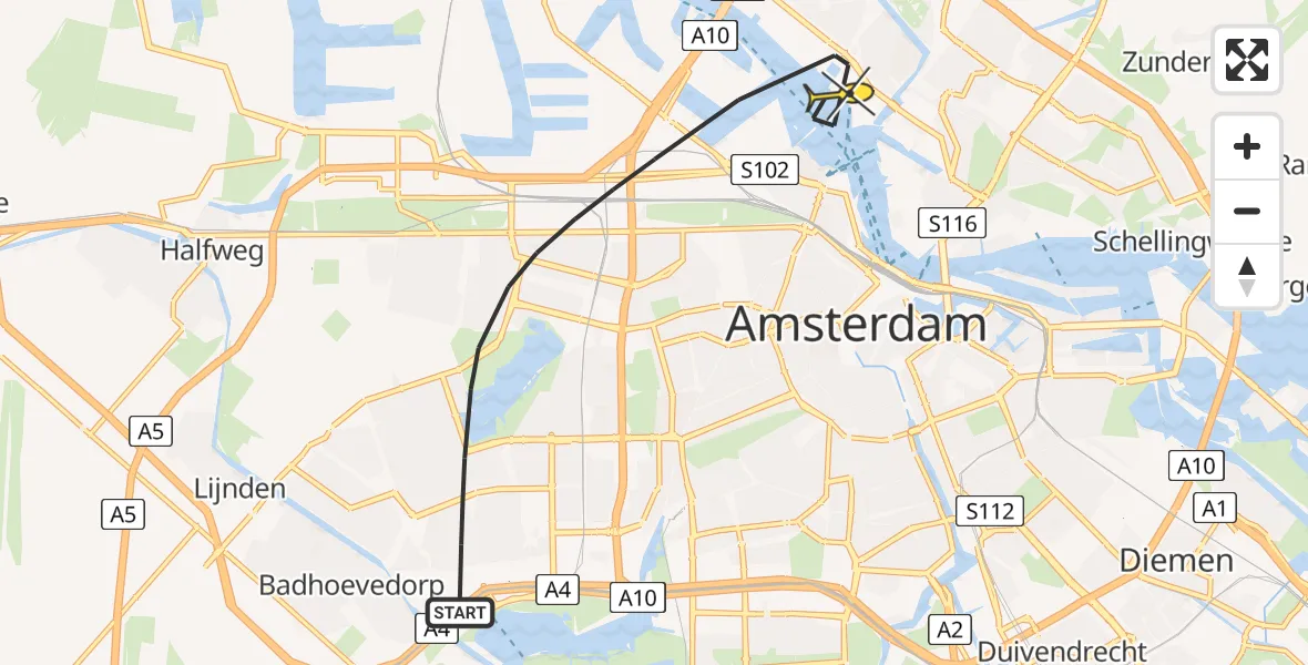 Vluchtroute Politiehelikopter van Amsterdam naar Amsterdam
