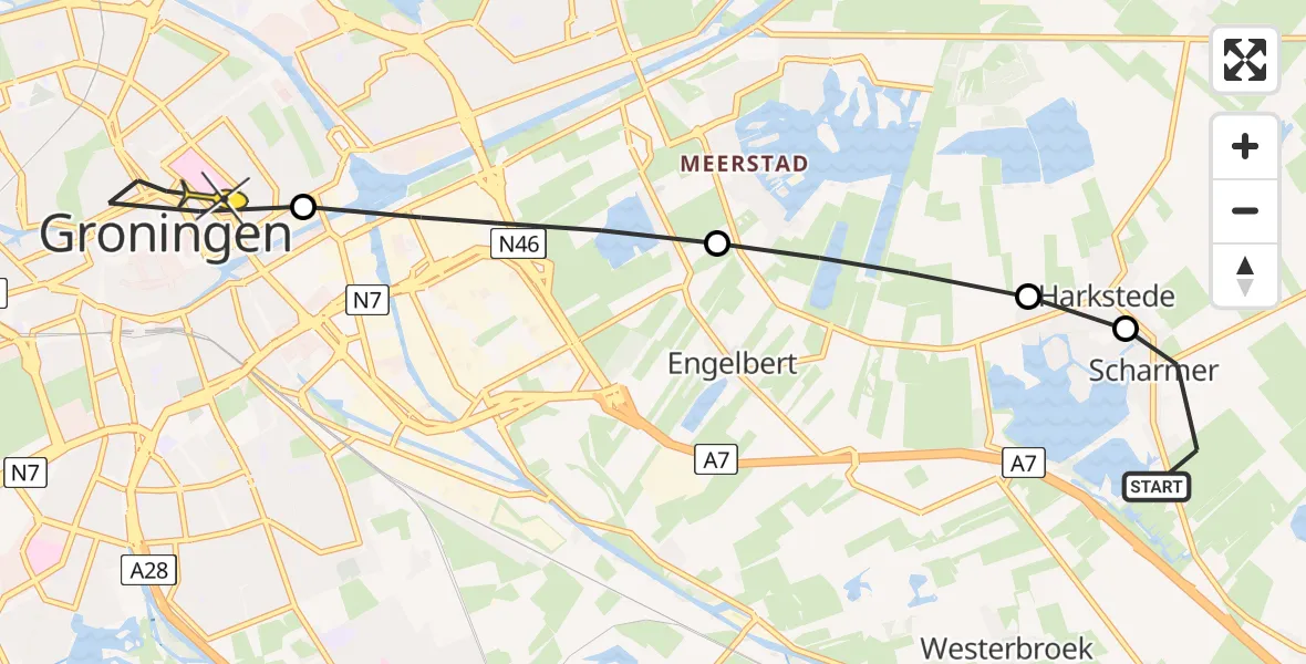 Routekaart van de vlucht: Lifeliner 4 naar Universitair Medisch Centrum Groningen, Woudbloemlaan