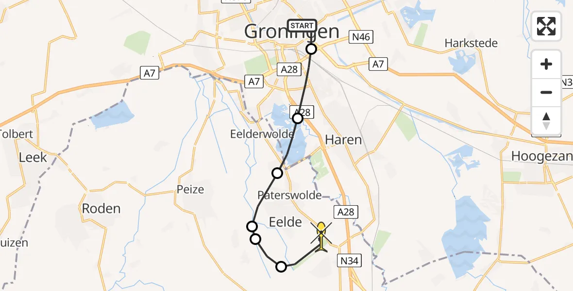 Routekaart van de vlucht: Lifeliner 4 naar Groningen Airport Eelde, Verlengde Frederikstraat