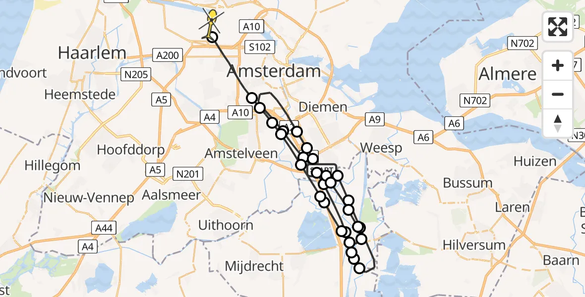 Routekaart van de vlucht: Lifeliner 1 naar Amsterdam Heliport, Hollandse Kade