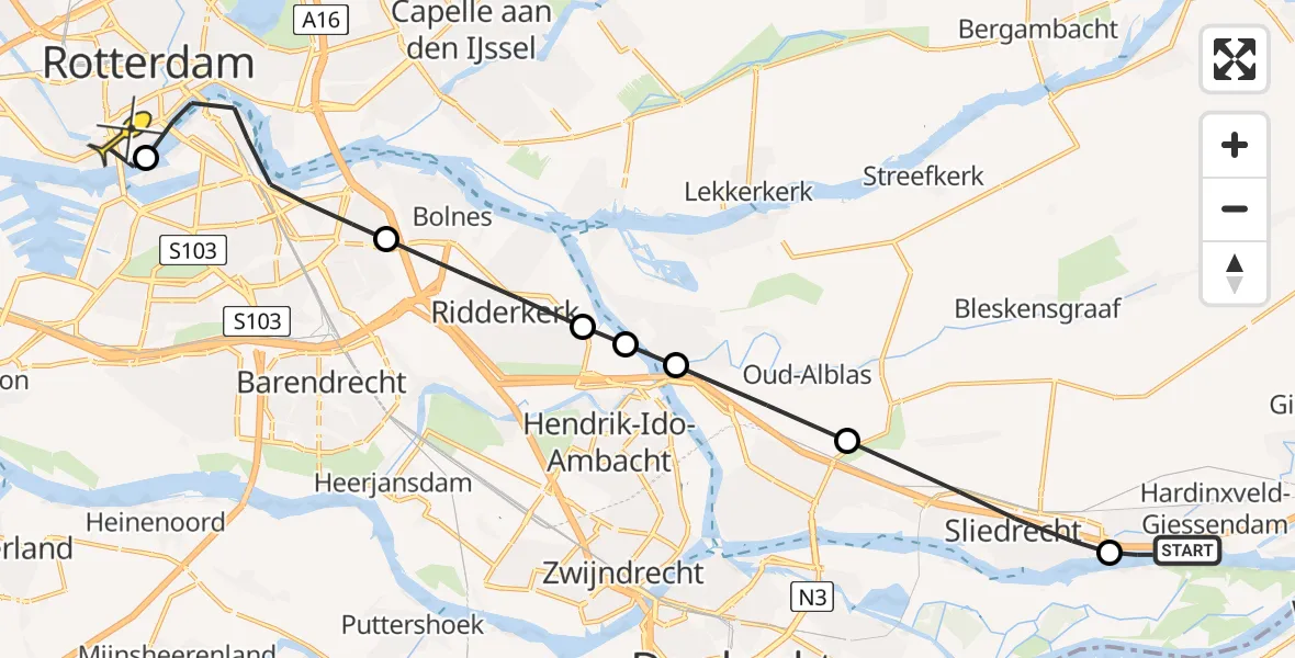 Routekaart van de vlucht: Lifeliner 3 naar Erasmus MC, Westzeedijk