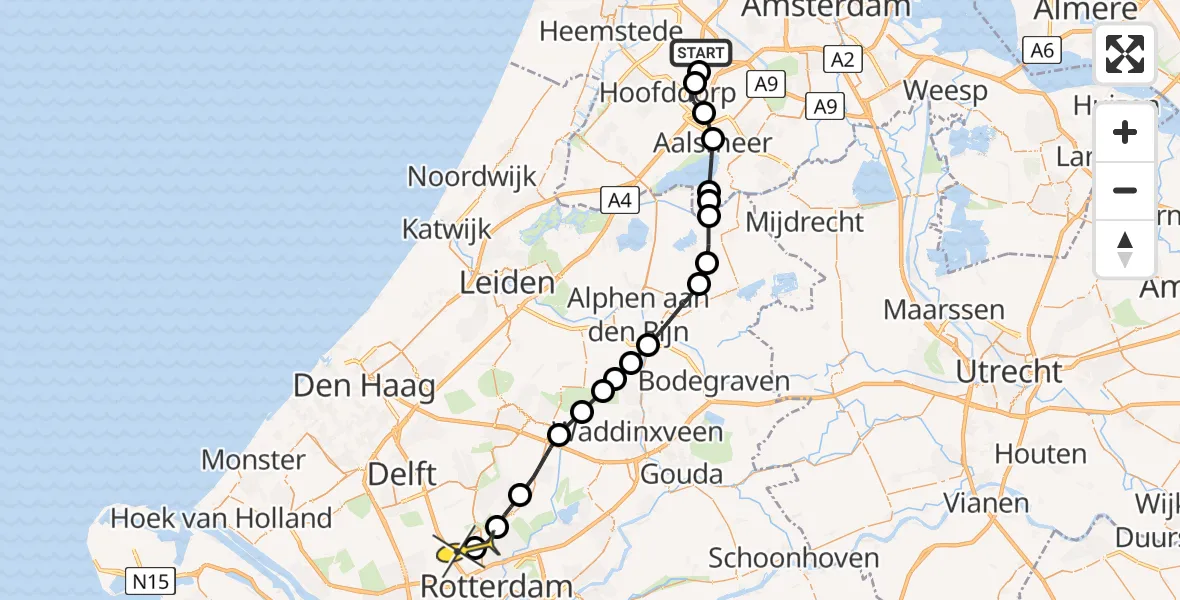 Routekaart van de vlucht: Lifeliner 2 naar Rotterdam The Hague Airport, Rolbaantunnel