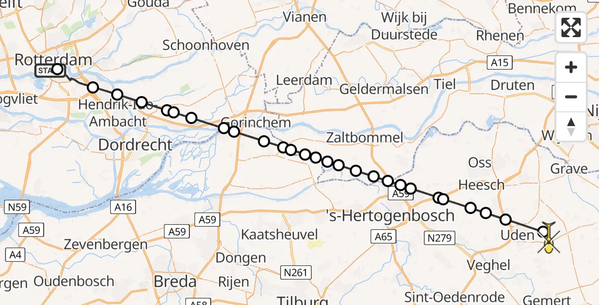 Routekaart van de vlucht: Lifeliner 3 naar Vliegbasis Volkel, Prinsenhoofd
