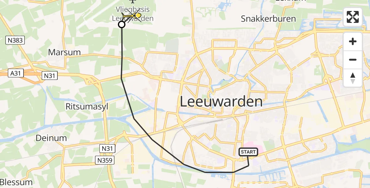 Routekaart van de vlucht: Ambulanceheli naar Vliegbasis Leeuwarden, Middelseefeart