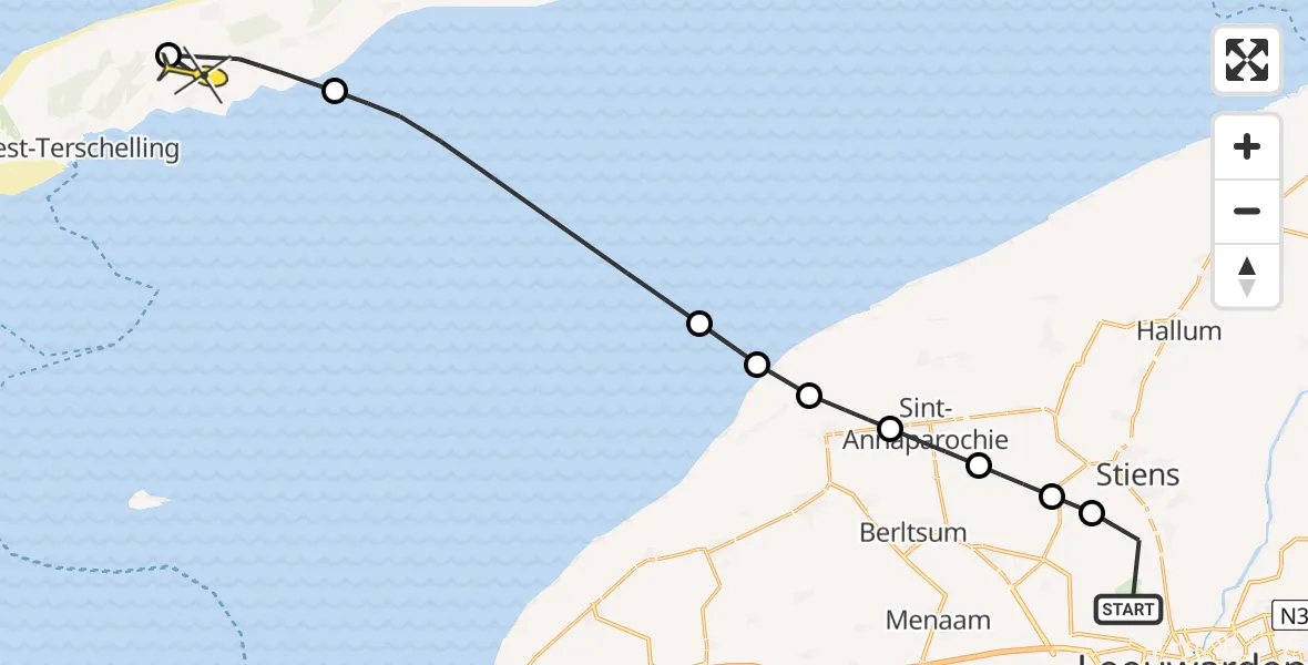 Routekaart van de vlucht: Ambulancehelikopter naar Midsland, Keegsdijkje
