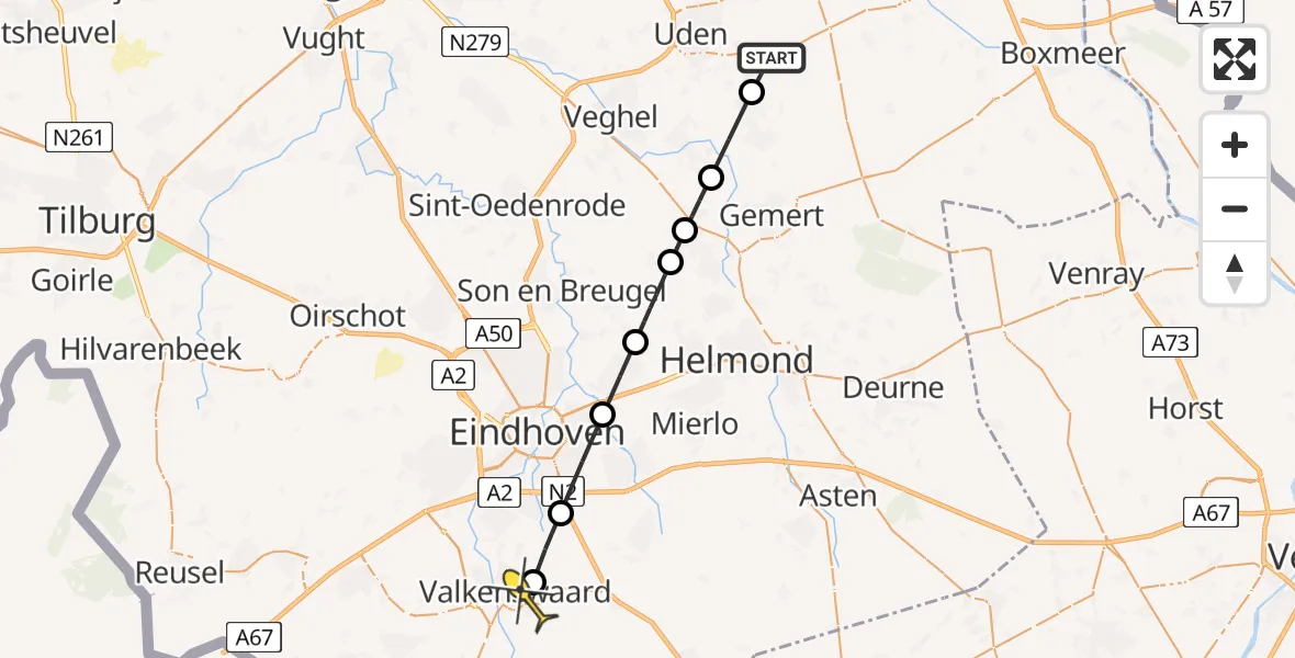 Routekaart van de vlucht: Lifeliner 3 naar Valkenswaard, Biesthoeksche Loop