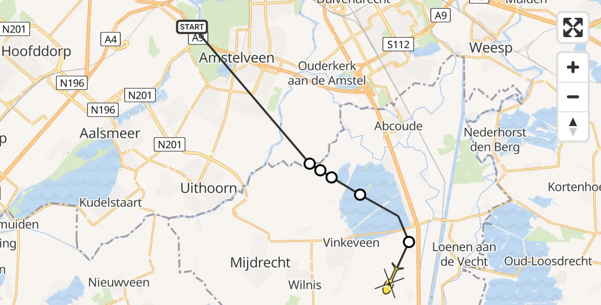 Routekaart van de vlucht: Politieheli naar Nieuwer Ter Aa, Hoofdweg