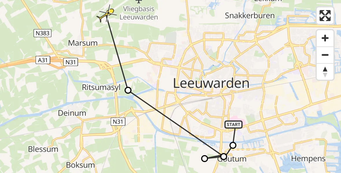 Routekaart van de vlucht: Ambulanceheli naar Vliegbasis Leeuwarden, Van Emingaleane