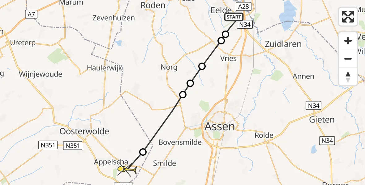 Routekaart van de vlucht: Lifeliner 4 naar Appelscha, Vissersweg