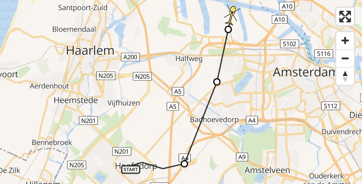 Routekaart van de vlucht: Lifeliner 1 naar Amsterdam Heliport, Burgemeester Jansoniushof