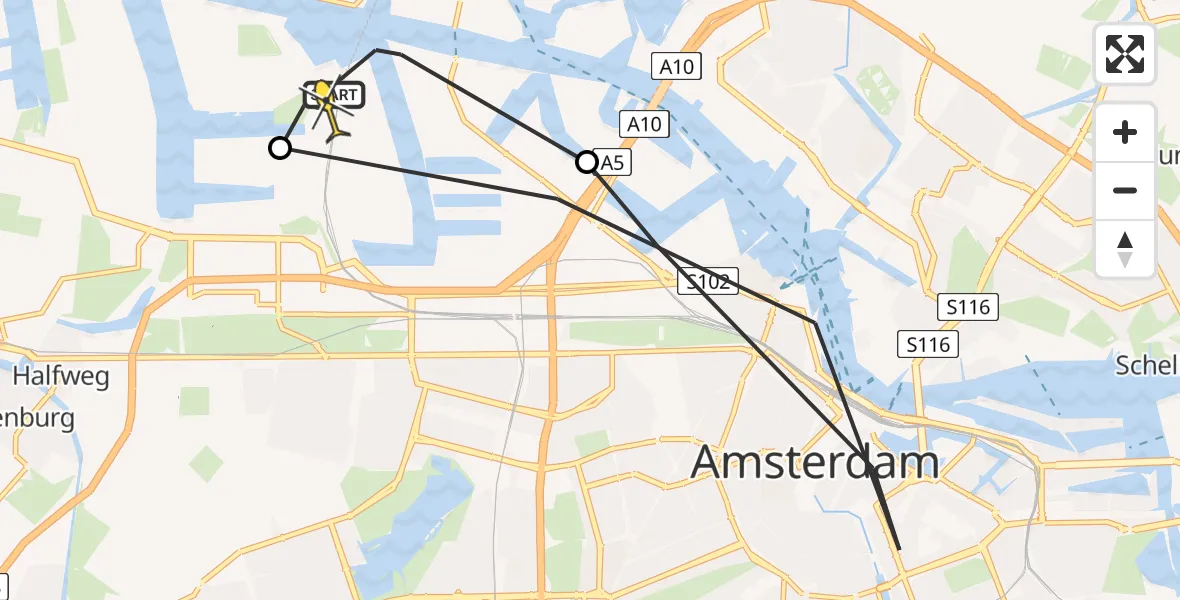 Routekaart van de vlucht: Lifeliner 1 naar Amsterdam Heliport, Hemweg